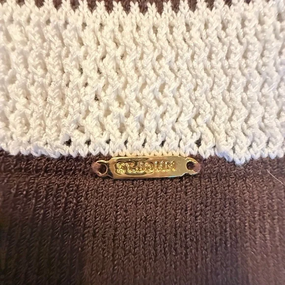 NWT St John Brown/Cream Vneck Striped Sleeveless Sweater Top Size Medium $295